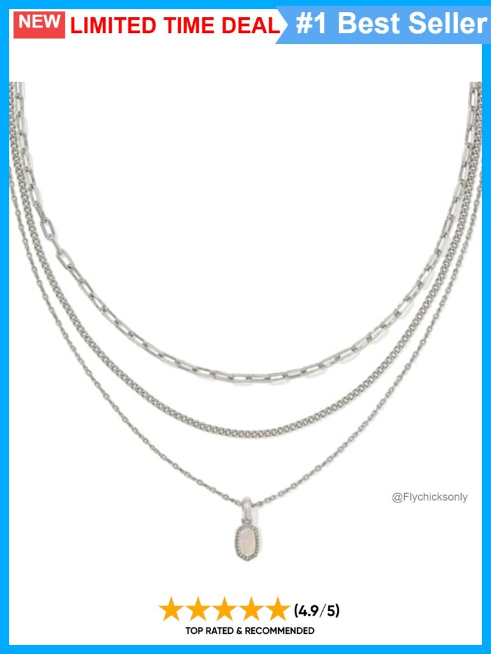 Rhodium Plated Brass Triple Strand Layered Necklace Mini Pendant 16in